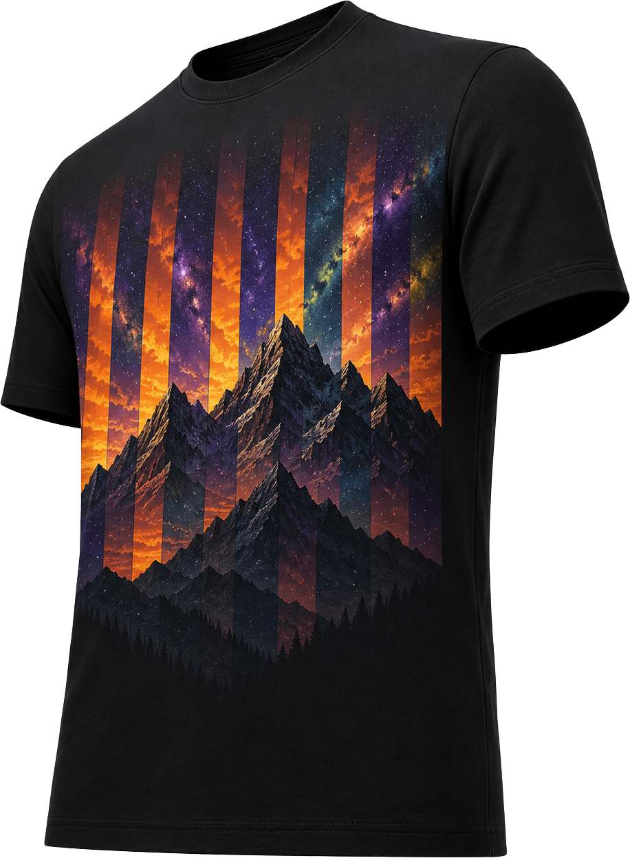 Holoclo lenticular shirt — mountain art shifting from golden hour to cosmic night